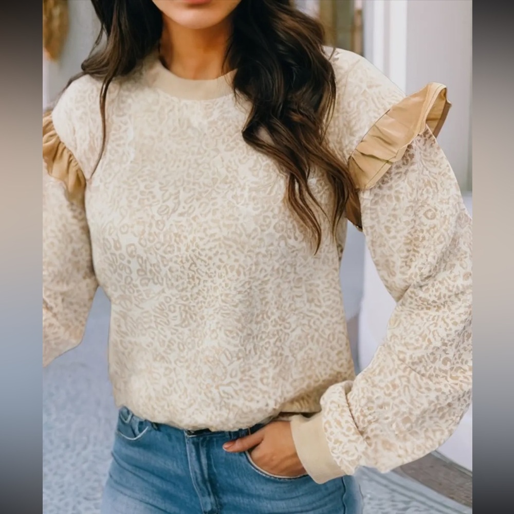 Leopard Print Ruffle Sleeve Top - Cream